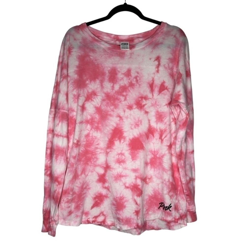 Pink Victorias Secret Womens T Shirt Top Crew Neck Long Sleeves Pink White Small